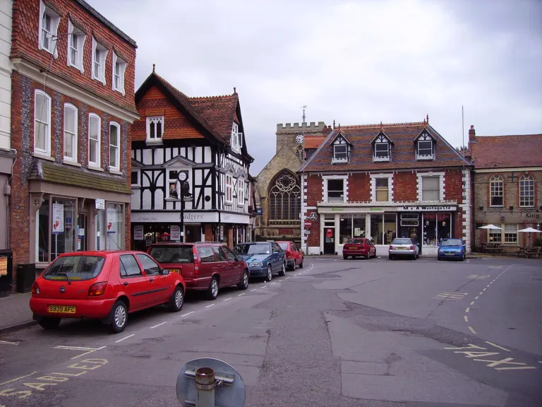 Old shops in Wantage with the parish church tower rising behind