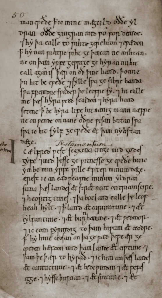 A page of Old English handwriting from a copy of King Alfred's will