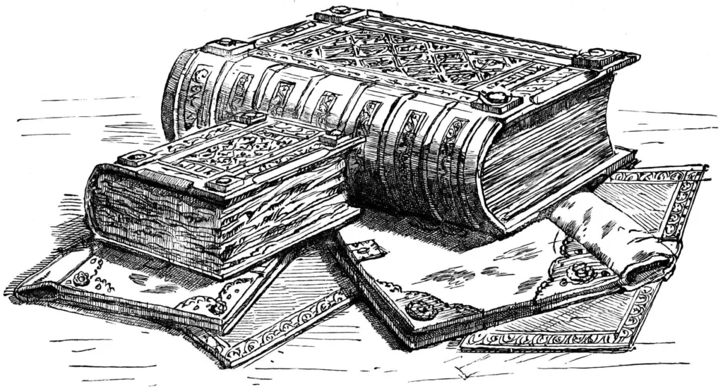 Line drawing of the two volumes of Domesday Book lying open