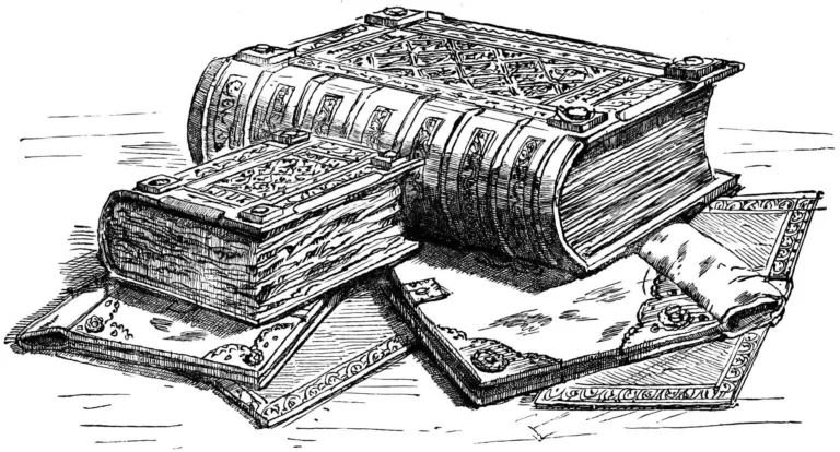 Line drawing of the two volumes of Domesday Book lying open
