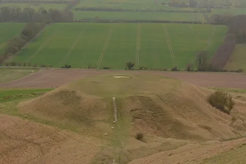 The flat-topped chalk knoll of Dragon Hill below White Horse Hill, with fields beyond