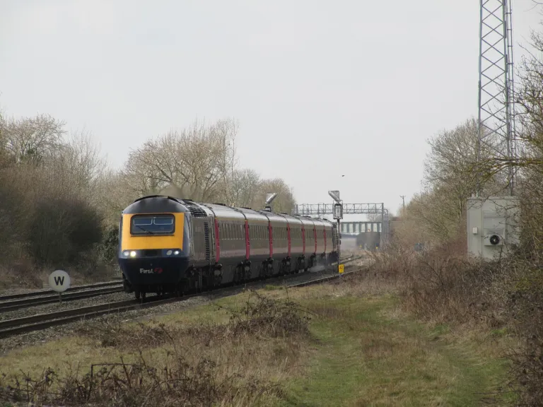 A high-speed train passing the former Wantage Road station site on the Great Western main line