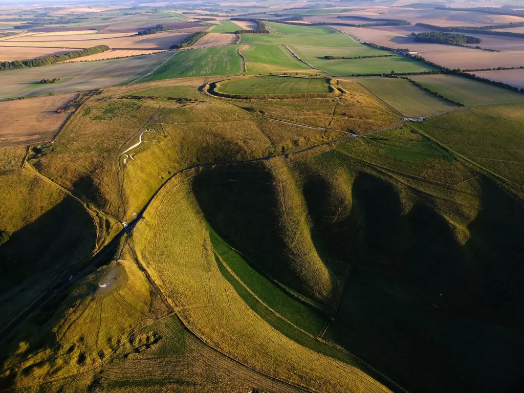 Aerial view of White Horse Hill showing the Manger, Dragon Hill and Uffington Castle