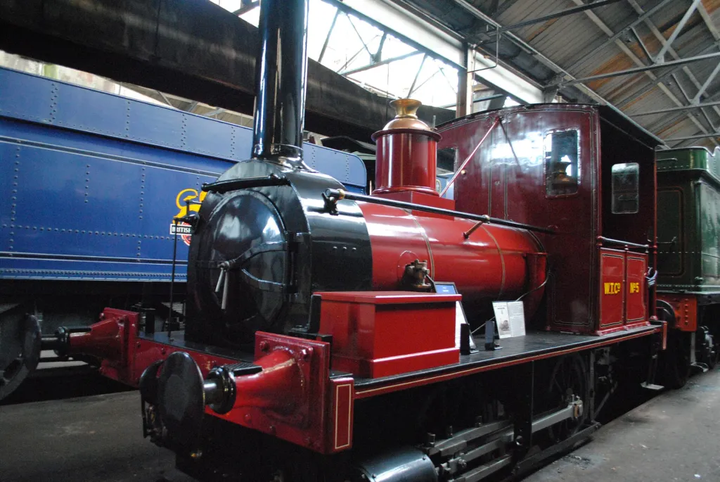 The restored red Wantage Tramway engine No. 5 'Shannon' in the shed at Didcot