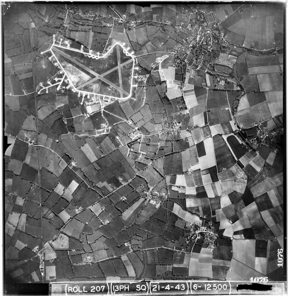 Wartime aerial photograph of RAF Grove airfield with its runways, April 1943