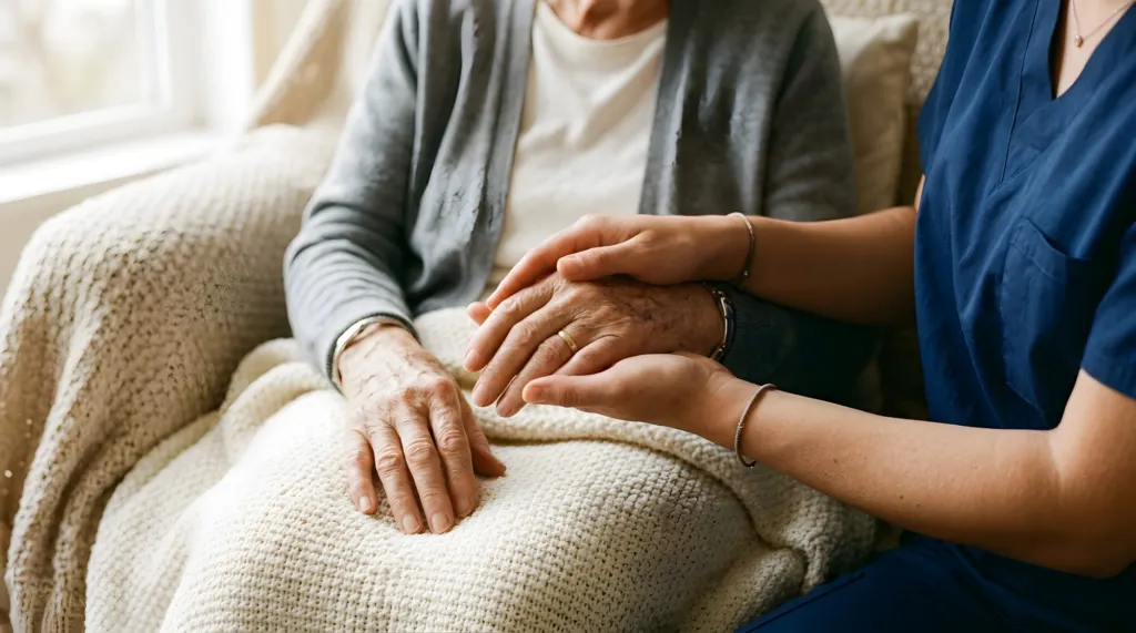 A carer holding an older woman's hands