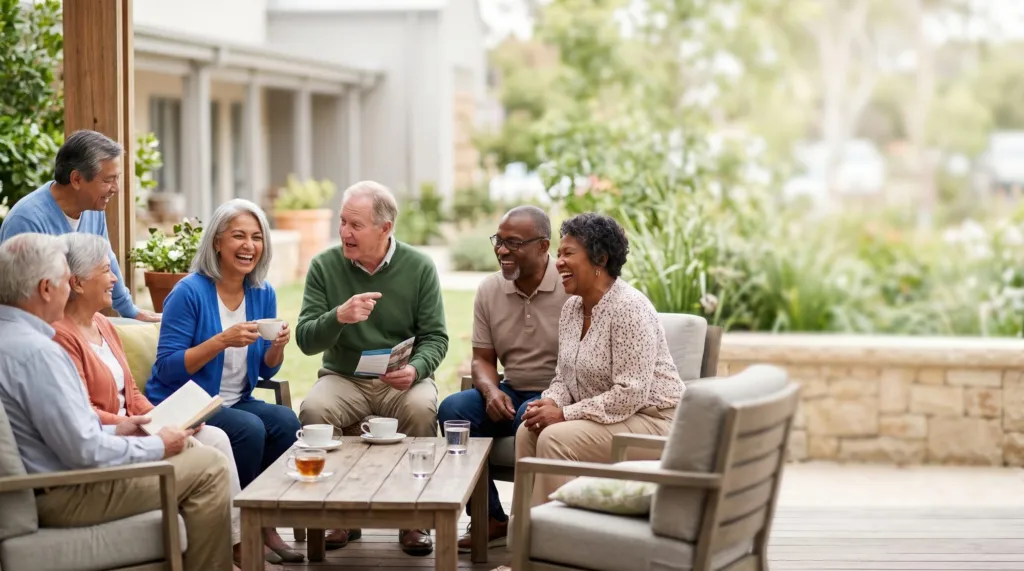 Friends chatting over tea on a terrace