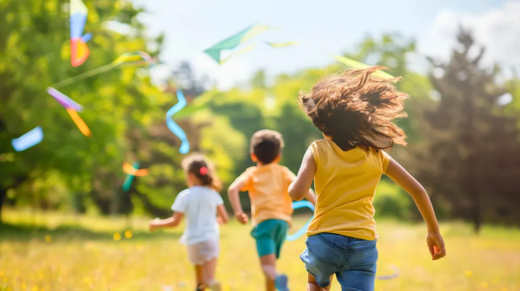 Children running across a meadow