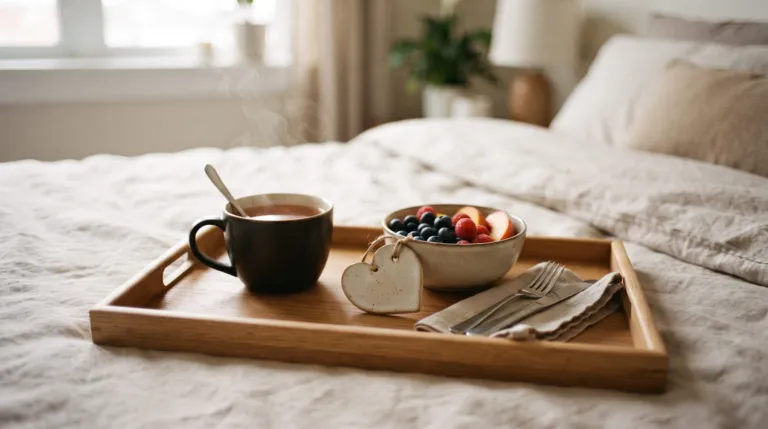 Breakfast on a tray on a made bed